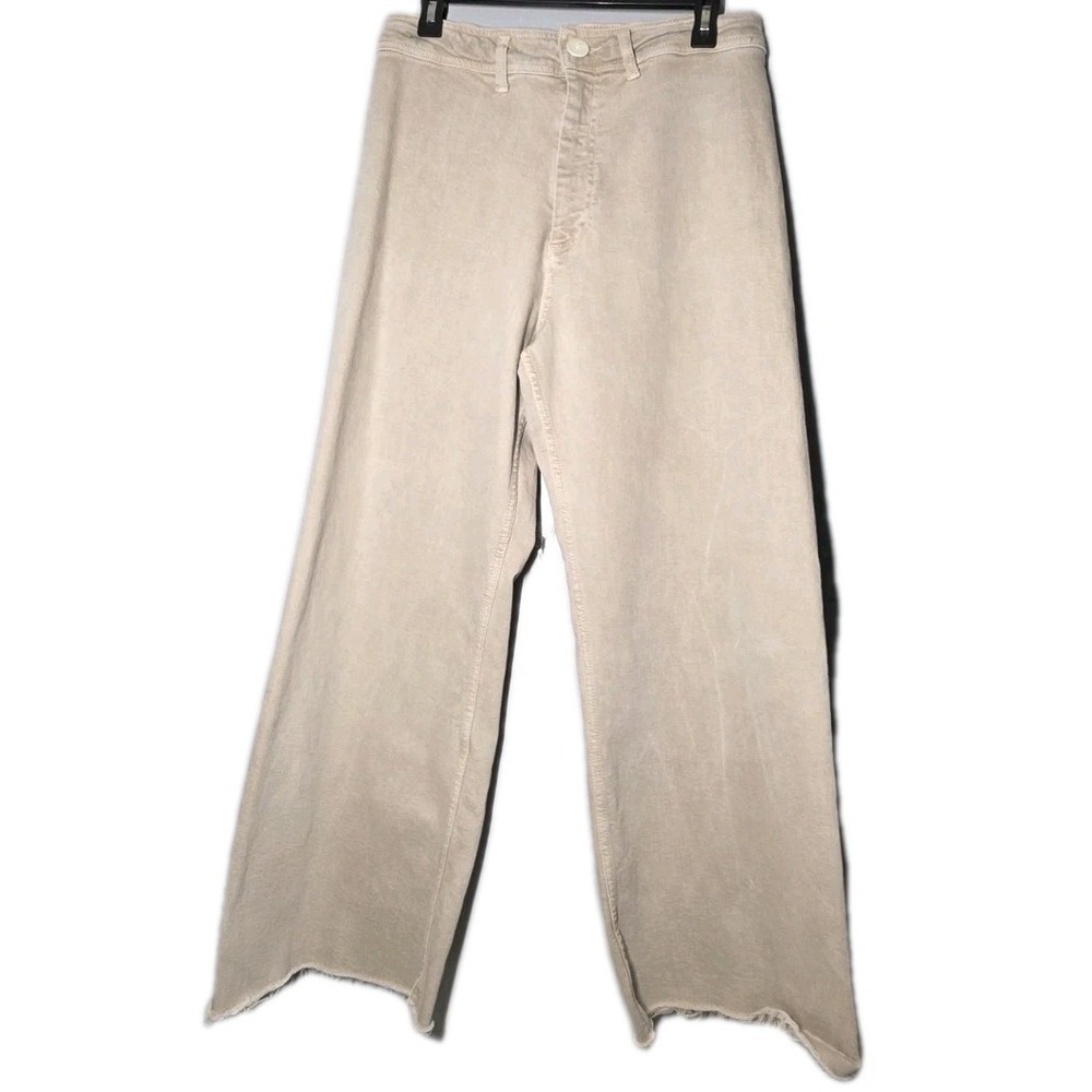 Zara‎ Women Size 12 Tan Khaki High Waisted Wide Leg Barrel Raw Hem Denim Jeans